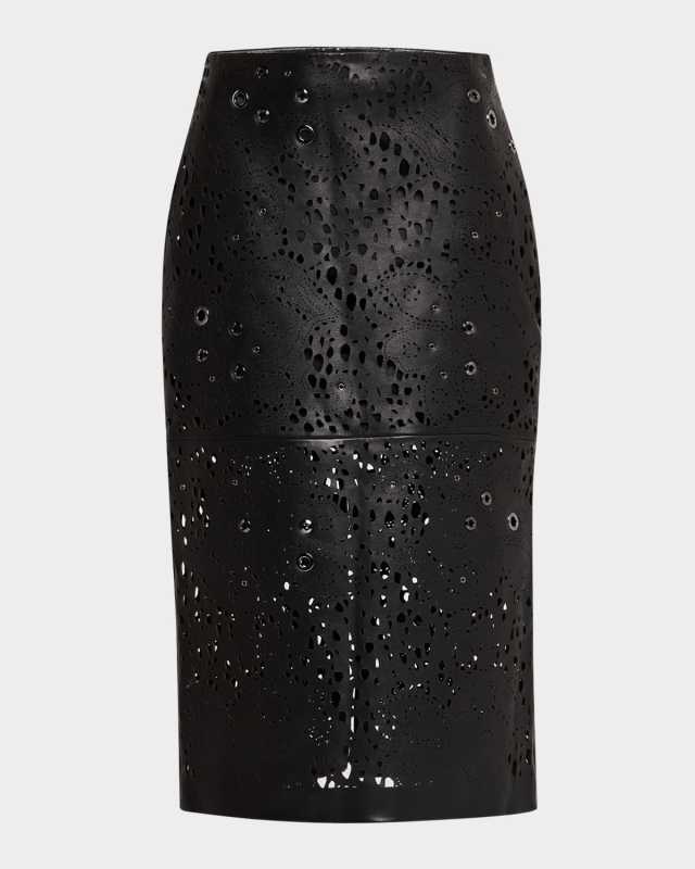 Lace Lasercut Leather Embellished Midi Skirt